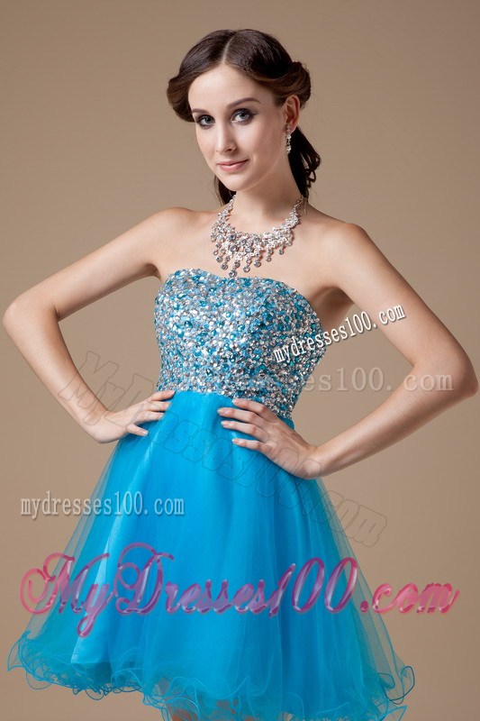 Cheap Beaded Strapless Princess Mini-length Prom Dresses in Teal Organza